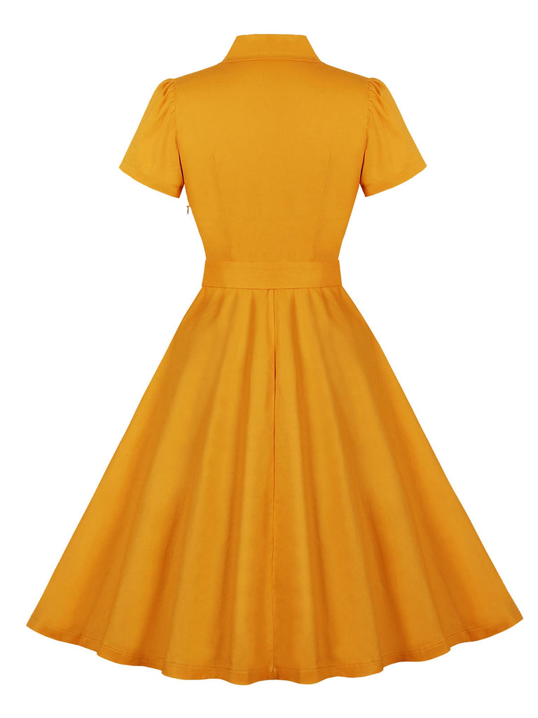 Turmeric 1950s Buttoned Lapel Belted Dress, vintage dress, retro fashion, rockabilly, pin-up fashion - perfect for women who love vintage and retro fashion