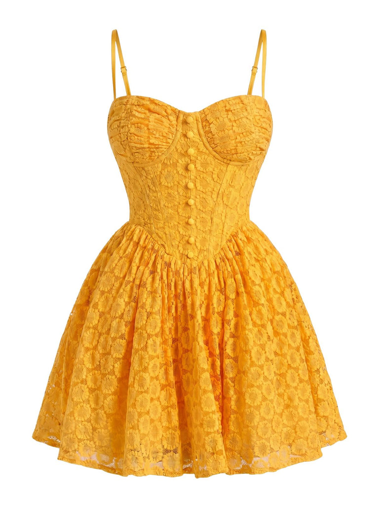 Turmeric 1950s Floral Embroidery Lace Backless Dress