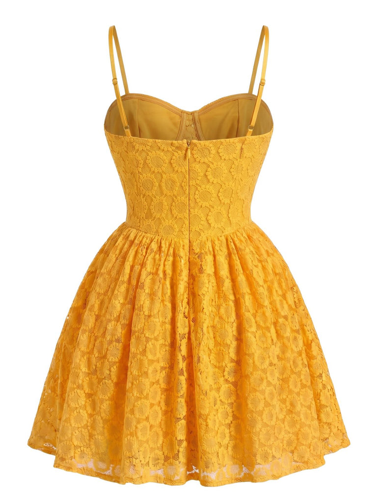 Turmeric 1950s Floral Embroidery Lace Backless Dress