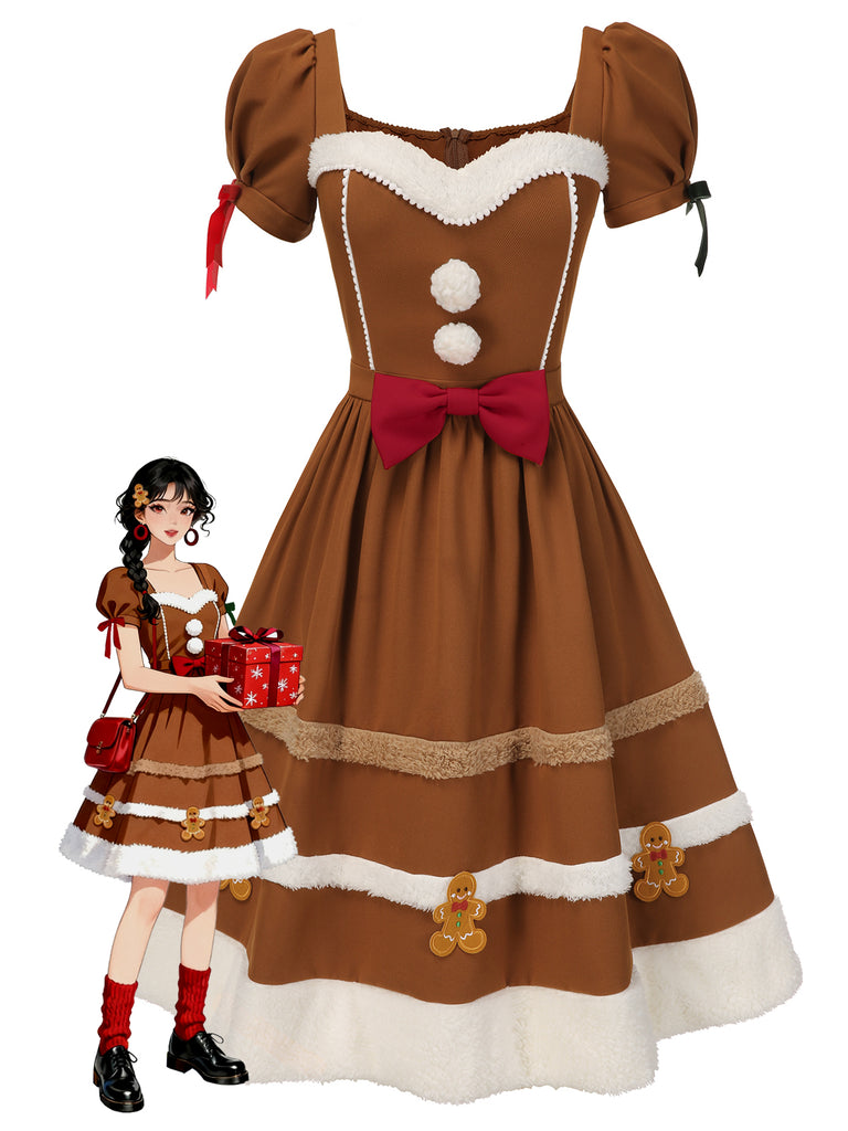 Turmeric 1950s Gingerbread Man Plush Trim Dress, vintage dress, retro fashion, rockabilly, pin-up fashion - perfect for women who love vintage and retro fashion