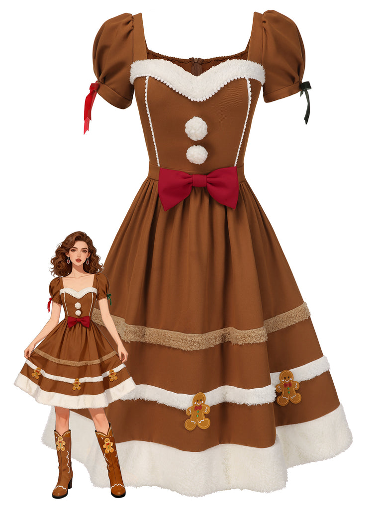 Christmas Gingerbread Cookie Costume Dress | Women's White Trim Red Bow Puff Sleeve Midi Dress Christmas Gingerbread Cookie Costume Dress | Women's White Trim Red Bow Puff Sleeve Midi Dress