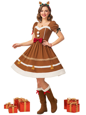 Turmeric 1950s Gingerbread Man Plush Trim Dress - vintage dress, retro fashion, rockabilly