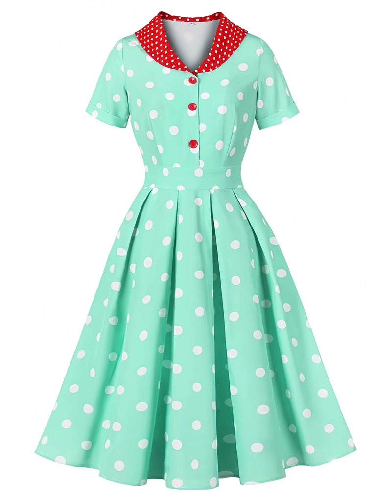 She slips into this Turquoise 1950s Patchwork Polka Dots Dress and suddenly it's a 1950s daydream