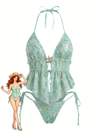 Turquoise 1960s Floral Sequin Halter Tie Bikini Set - vintage swimwear, retro swimsuit, pin-up style for vintage lovers