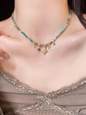 Turquoise Beaded Boho Star Moon Sun Pendant Necklace, vintage fashion, retro style - perfect for women who love vintage and retro fashion