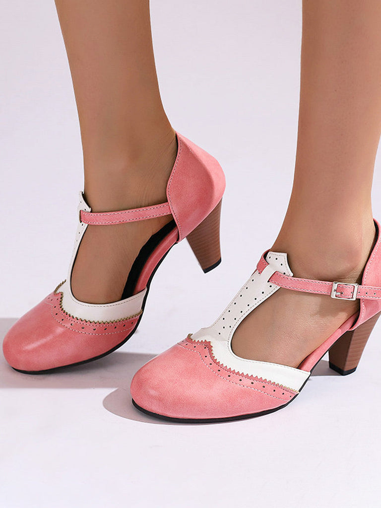 Two-Tone T-Strap Mary Jane Block Heel Pumps - vintage shoes, retro heels