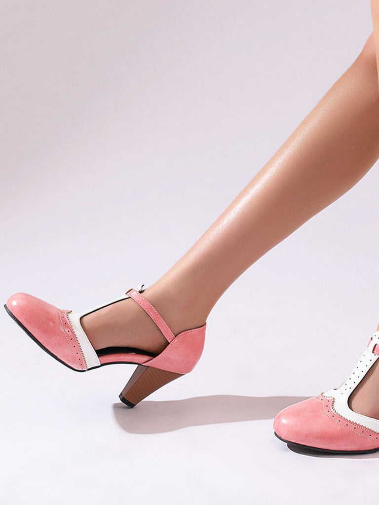 Two-Tone T-Strap Mary Jane Block Heel Pumps - vintage shoes, retro heels