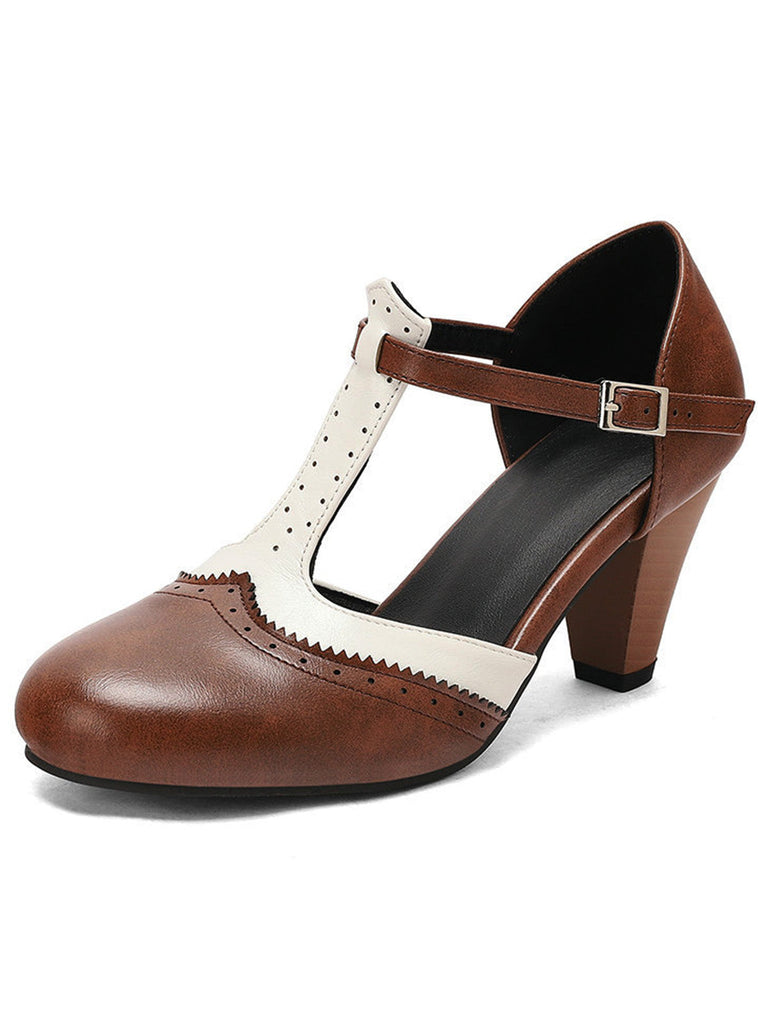 Two-Tone T-Strap Mary Jane Block Heel Pumps - vintage shoes, retro heels