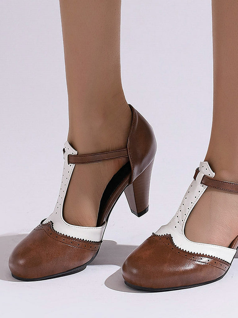 Two-Tone T-Strap Mary Jane Block Heel Pumps - vintage shoes, retro heels
