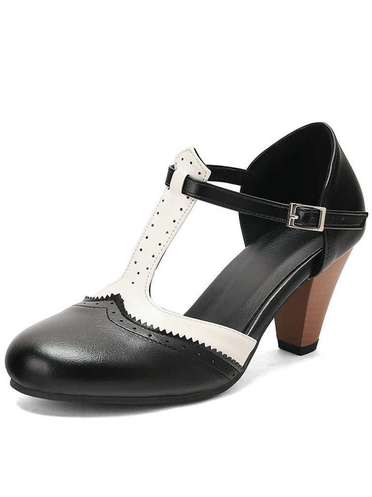 Two-Tone T-Strap Mary Jane Block Heel Pumps - vintage shoes, retro heels
