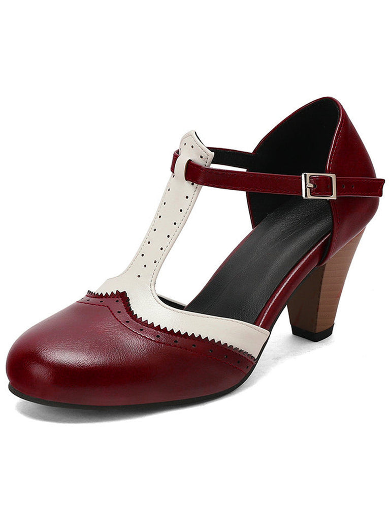 Two-Tone T-Strap Mary Jane Block Heel Pumps - vintage shoes, retro heels