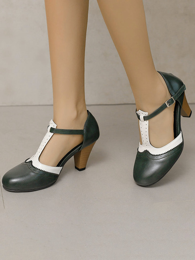 Two-Tone T-Strap Mary Jane Block Heel Pumps - vintage shoes, retro heels