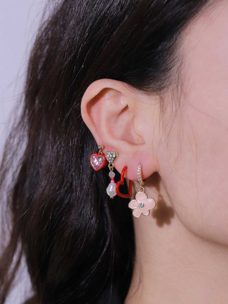 Valentine Heart Diamond Flower Earrings Set - vintage fashion, retro style