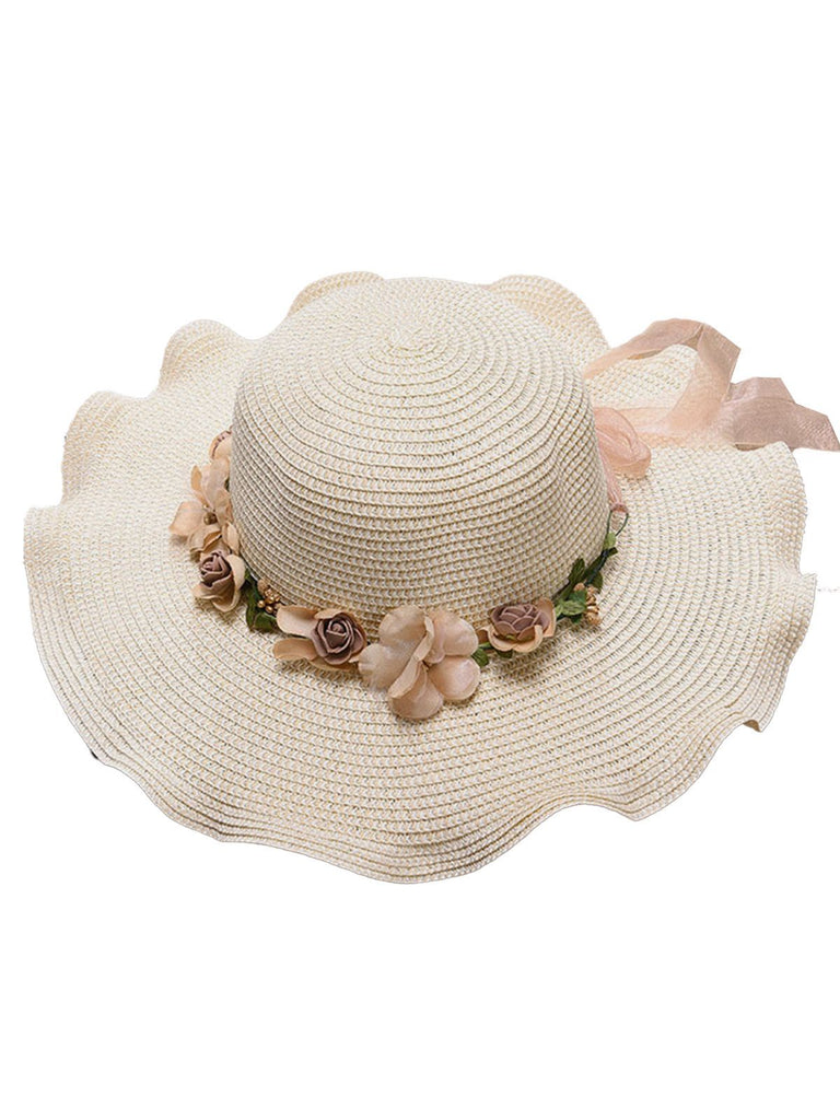 Vintage 3D Floral Raffia Fringe Brim Sun Hat - vintage fashion, retro style