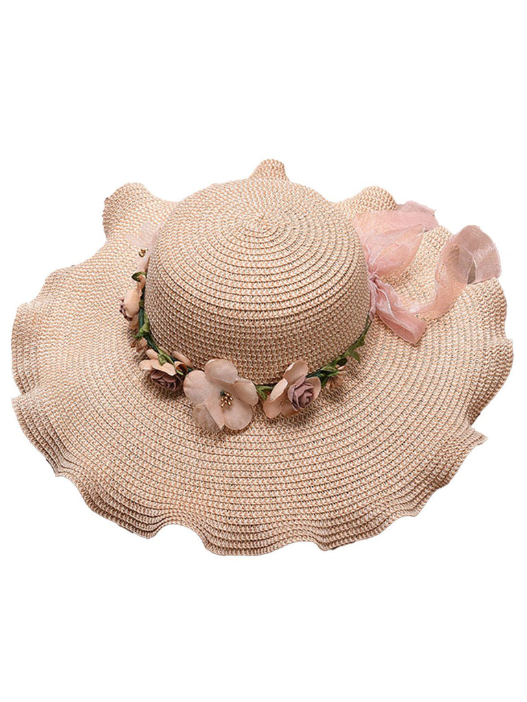 Vintage 3D Floral Raffia Fringe Brim Sun Hat - vintage fashion, retro style