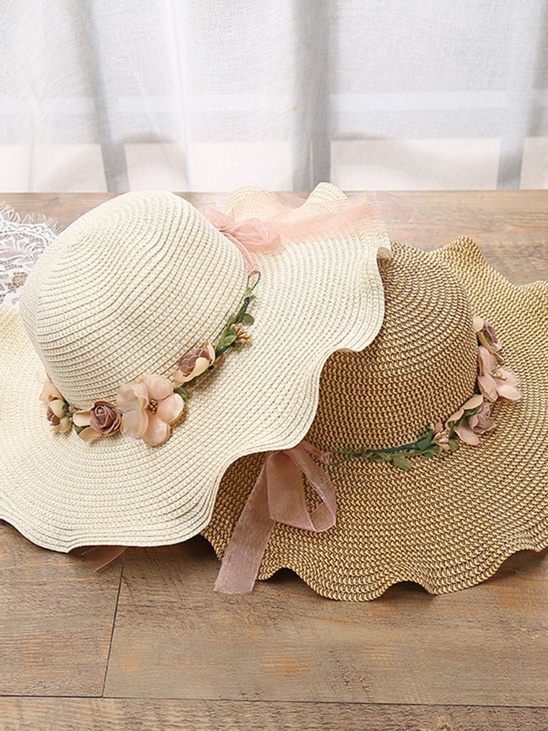 Vintage 3D Floral Raffia Fringe Brim Sun Hat - vintage fashion, retro style