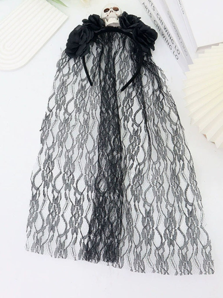 Vintage 3D Skull Roses Lace Veil Headband - vintage fashion, retro style