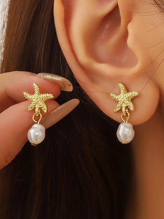 Vintage Alloy Starfish & Pearl Earrings - vintage fashion, retro style