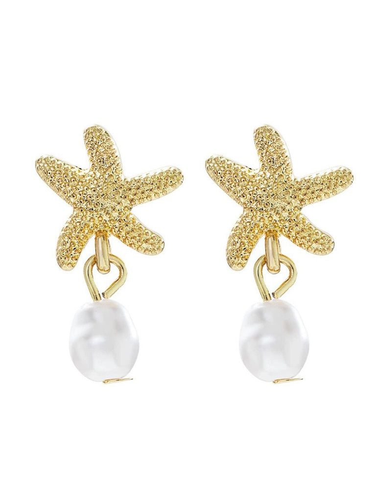 Vintage Alloy Starfish & Pearl Earrings - vintage fashion, retro style
