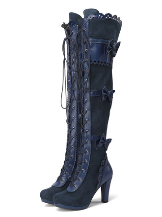 Vintage Bow Lace-Up High Heel Long Boots - vintage shoes, retro heels