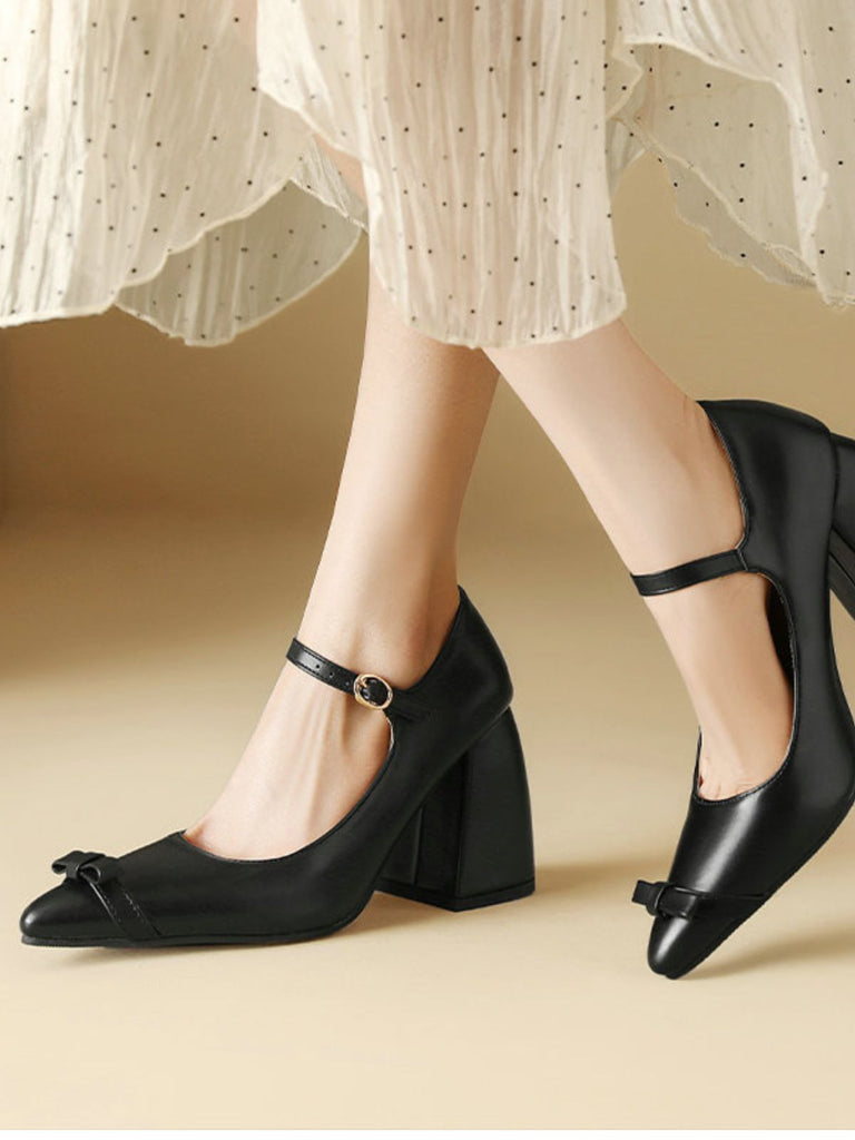 Vintage Bow Strap Point Toe Chunky Heels - vintage shoes, retro heels