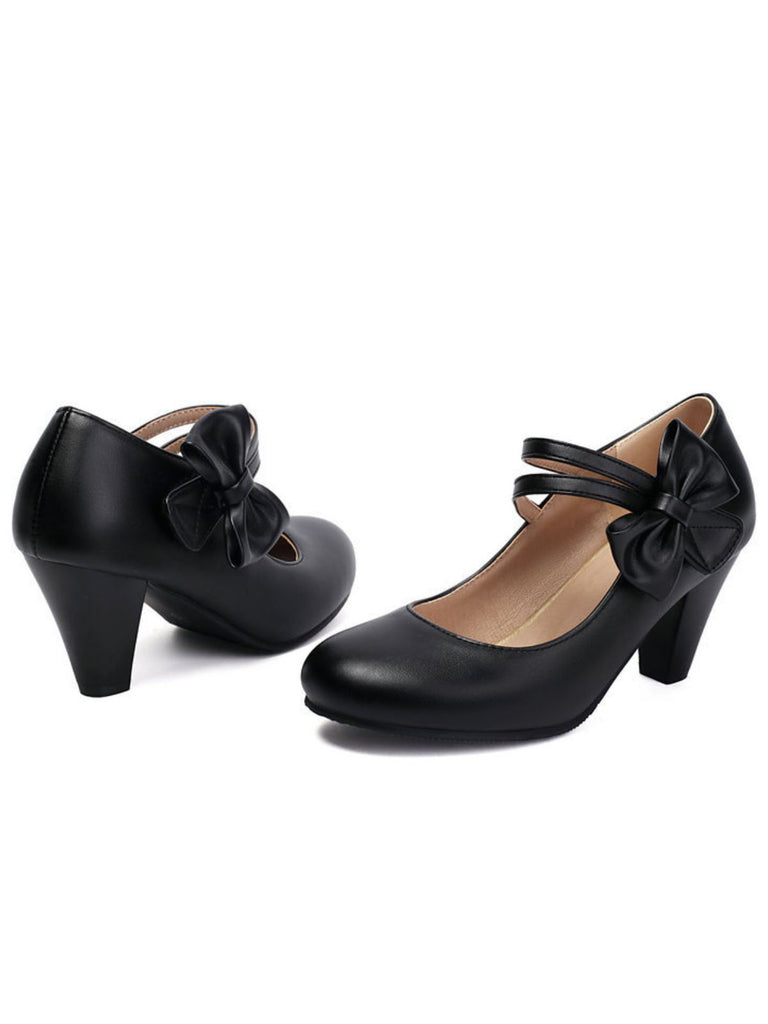 Vintage Bow Strap Solid Leather High Heel Shoes - vintage shoes, retro heels