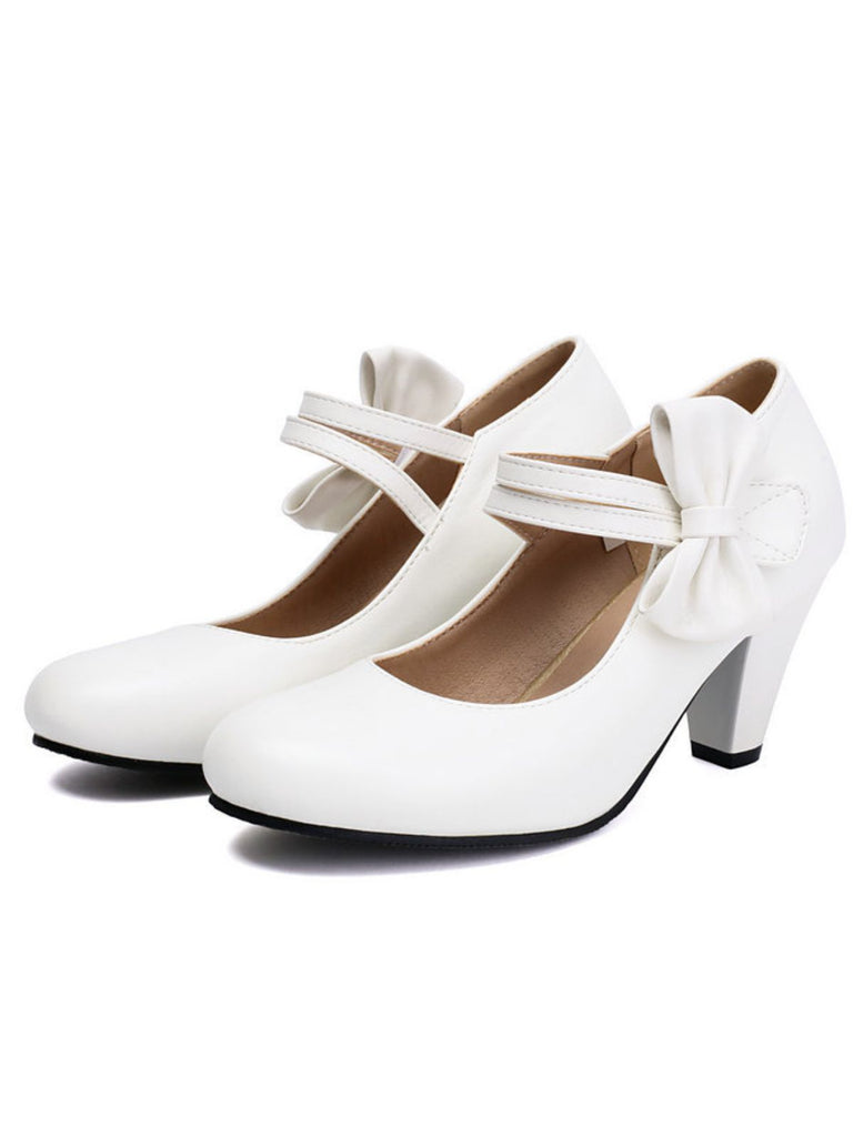 Vintage Bow Strap Solid Leather High Heel Shoes - vintage shoes, retro heels
