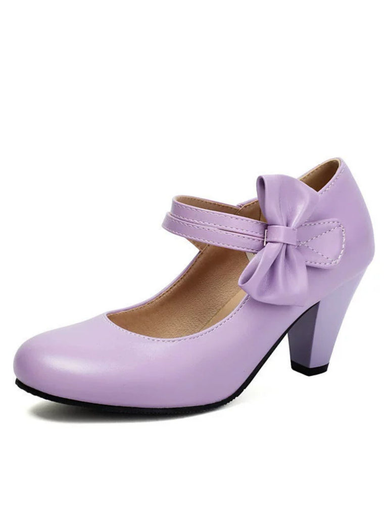 Vintage Bow Strap Solid Leather High Heel Shoes - vintage shoes, retro heels