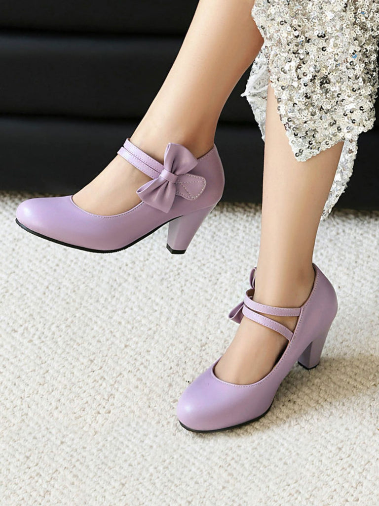 Vintage Bow Strap Solid Leather High Heel Shoes - vintage shoes, retro heels