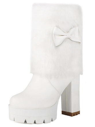 Vintage Bowknot Plush Chunky Heel Boots - vintage shoes, retro heels