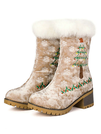 Vintage Christmas Tree Snowflake Plush Chunky Heel Boots - vintage shoes, retro heels