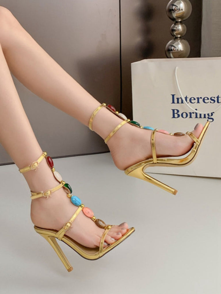 Vintage Colored Stones Stiletto Heels Strappy Sandals - vintage shoes, retro heels, elegant red