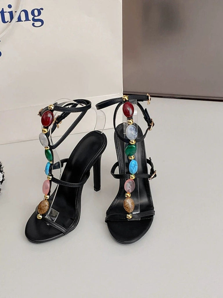 Vintage Colored Stones Stiletto Heels Strappy Sandals - vintage shoes, retro heels, elegant red