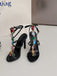 Vintage Colored Stones Stiletto Heels Strappy Sandals - vintage shoes, retro heels, elegant red
