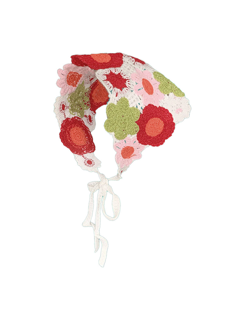 Vintage Crochet Floral Boho Lace-Up Headscarf - vintage fashion, retro style, classic elegance for vintage lovers