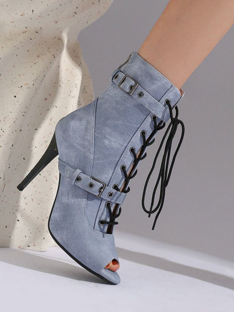 Vintage Denim Peep Toe Stiletto Heel Shoes - vintage shoes, retro heels