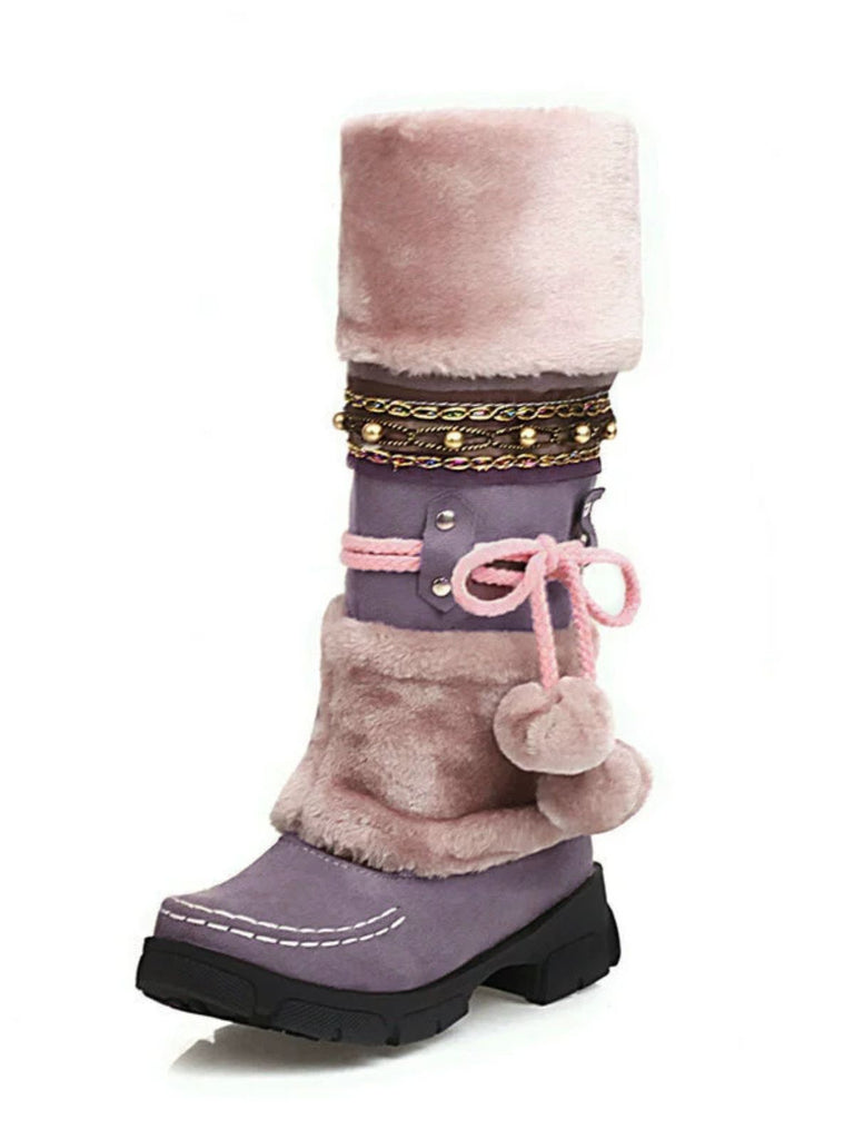 Vintage Faux Fur Pom-Pom Winter Snow Boots - vintage fashion, retro style