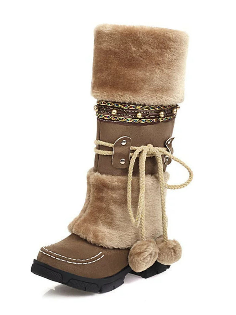 Vintage Faux Fur Pom-Pom Winter Snow Boots - vintage fashion, retro style
