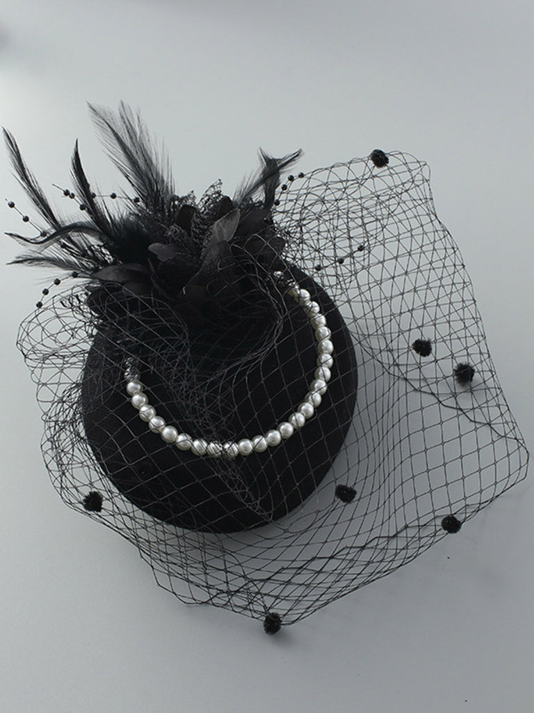 Vintage Feather Pearl Mesh Hat - vintage fashion, retro style