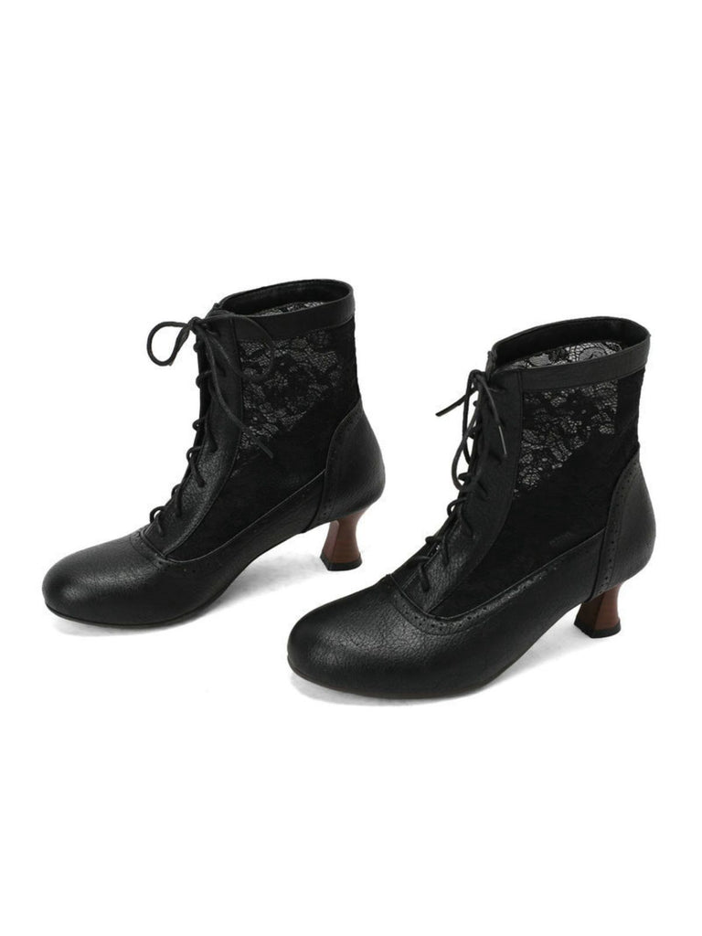 Vintage Floral Lace Low-Heeled Boots - vintage shoes, retro heels