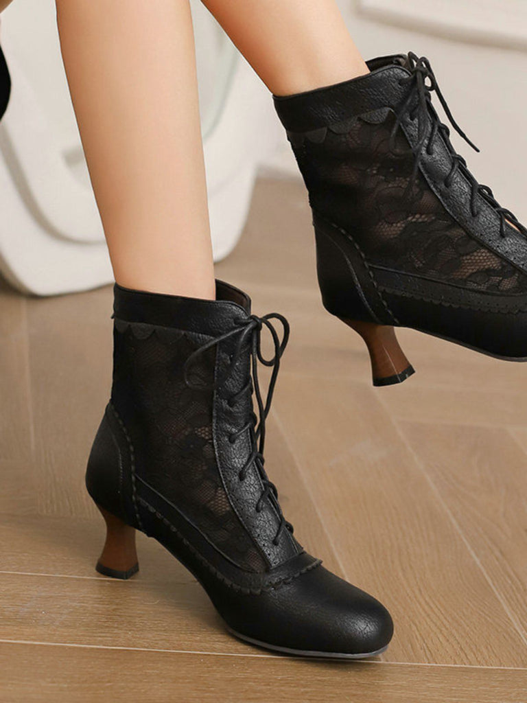 Vintage Floral Lace Low-Heeled Boots - vintage shoes, retro heels
