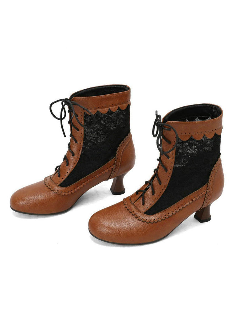 Vintage Floral Lace Low-Heeled Boots - vintage shoes, retro heels