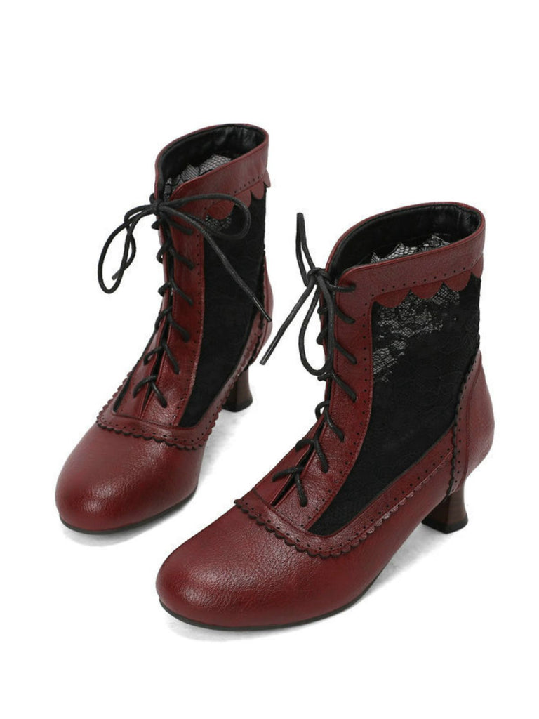Vintage Floral Lace Low-Heeled Boots - vintage shoes, retro heels