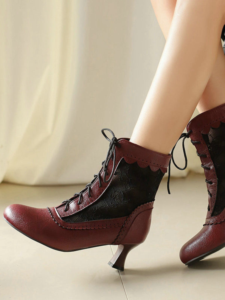 Vintage Floral Lace Low-Heeled Boots - vintage shoes, retro heels