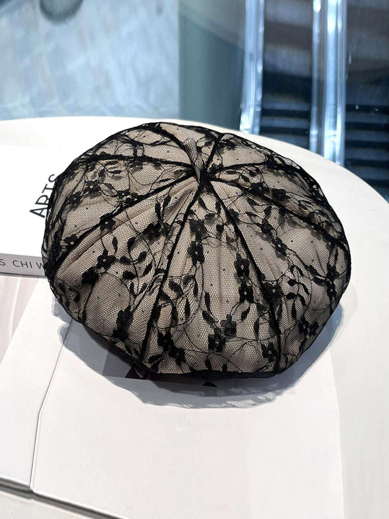 Vintage Floral Lace Mesh Beret Hat - vintage fashion, retro style
