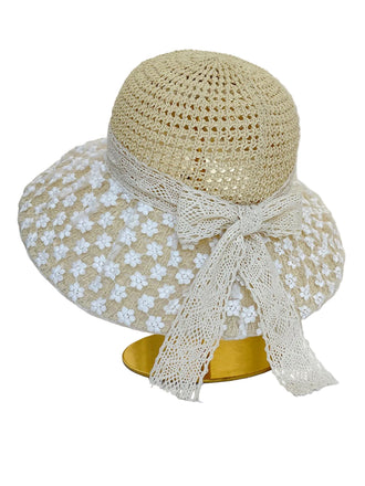 Vintage Floral Lace Tie Crocheted Straw Hat - vintage fashion, retro style