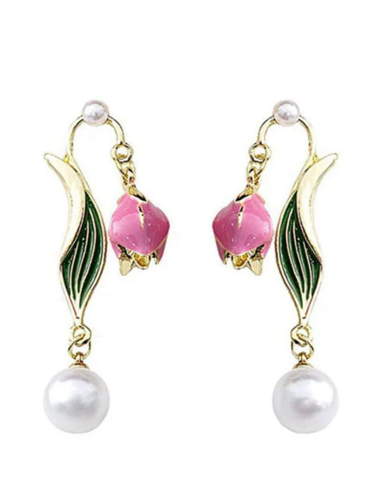 Vintage Gold Edge Tulip Pearl Earrings - vintage fashion, retro style, glamorous gold