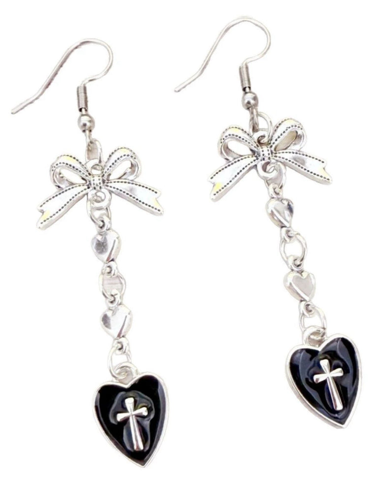 Vintage Gothic Cross Heart Bowknot Dangle Earrings - vintage fashion, retro style