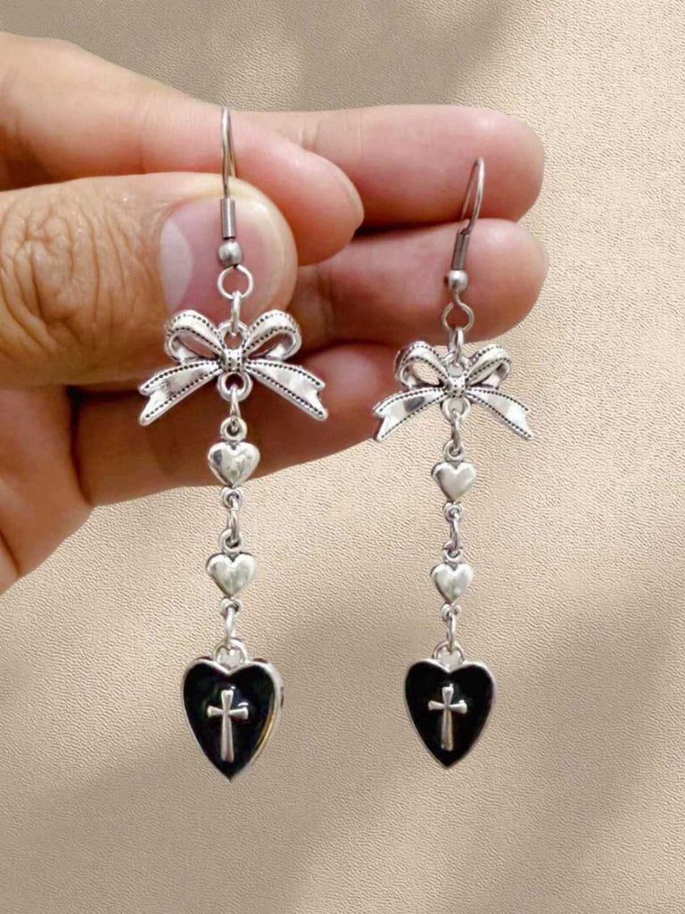 Vintage Gothic Cross Heart Bowknot Dangle Earrings - vintage fashion, retro style