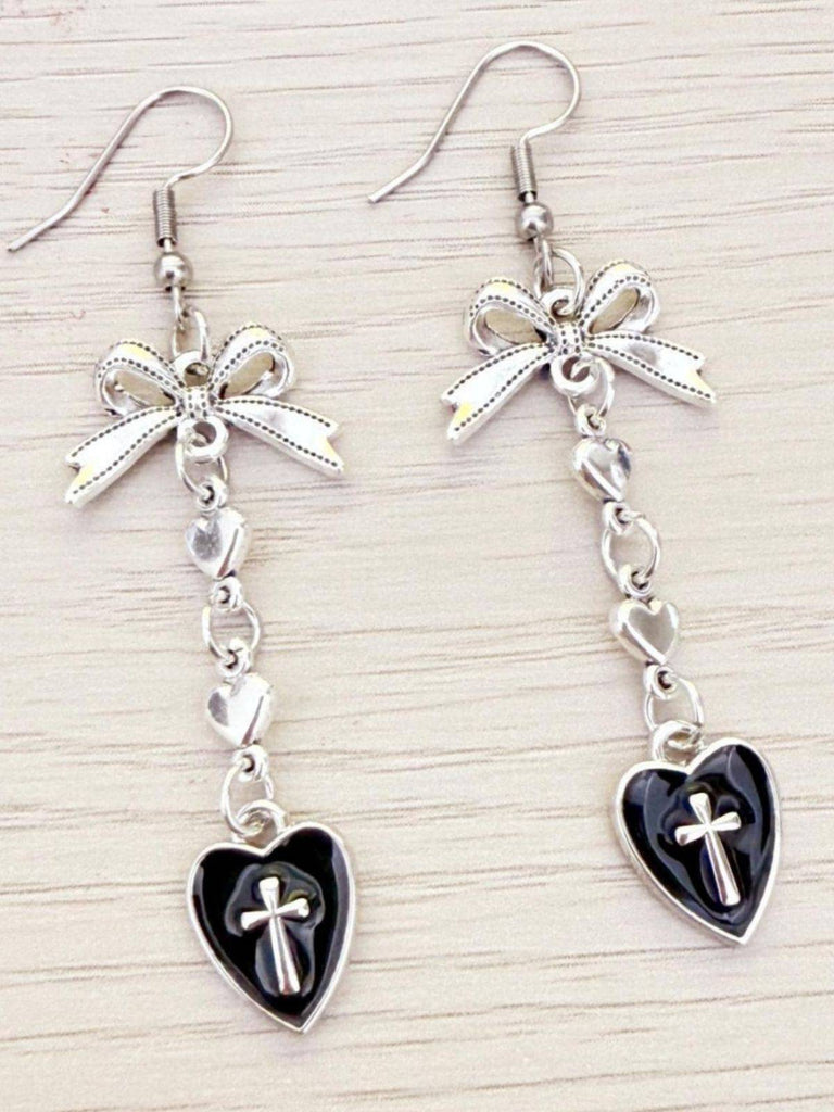 Vintage Gothic Cross Heart Bowknot Dangle Earrings - vintage fashion, retro style